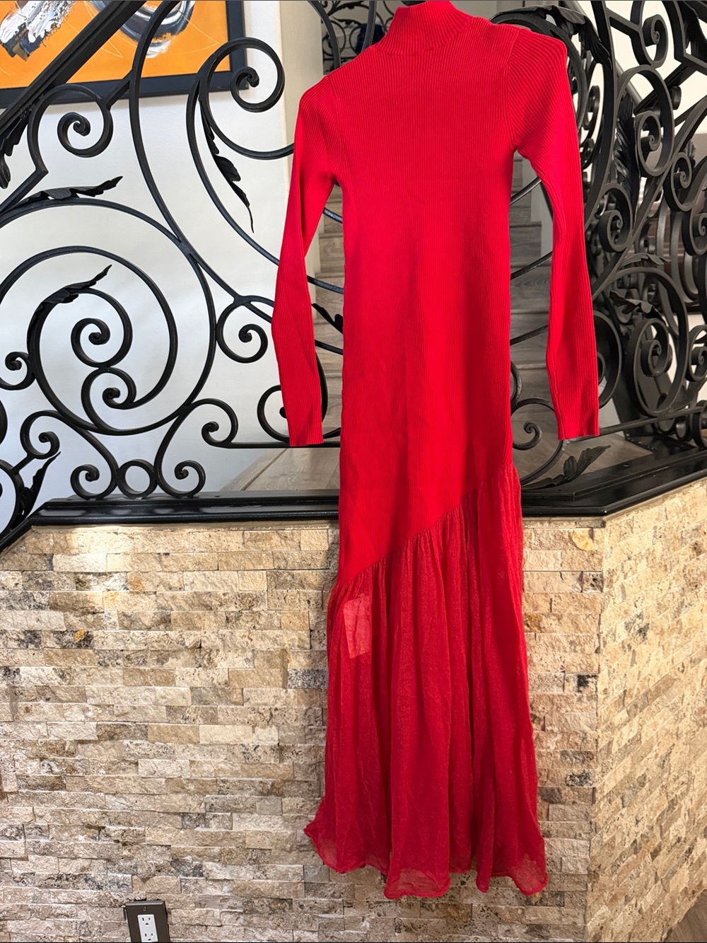 Commense Red Long Sleeve Maxi Dress with Sheer Skirt